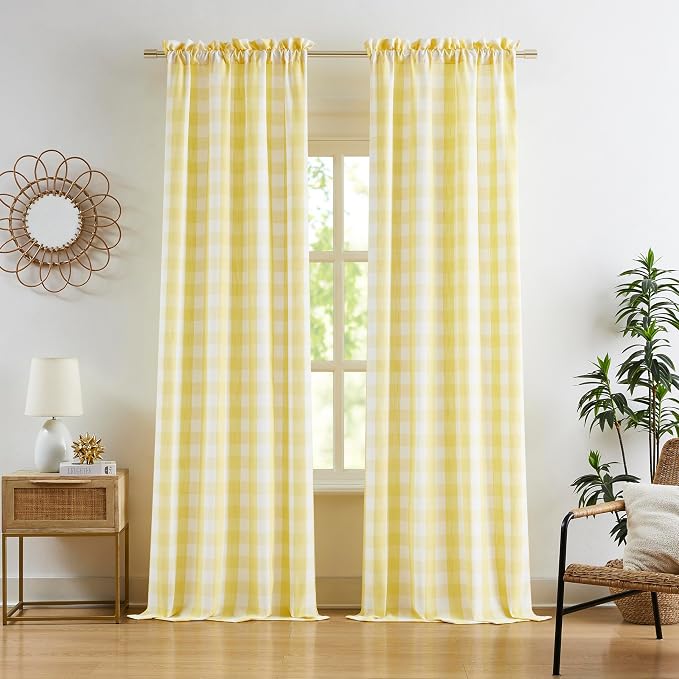 Yellow White Buffalo Check Semi Sheer Curtains 84 Inches Long | Cottage Drapes for Bedroom Living Room,Yarn Dyed Fabric,Rustic Checkered Window Treatment,Rod Pocket,40"Wx84"L(Pack of 2)