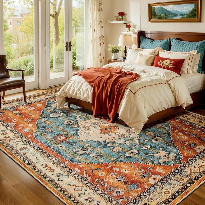 SERISSA 5x8 Area Rugs for Living Room, Large Washable Non-Slip Boho Rug, Ultra Soft Vintage Tribal Oriental Print Distressed Carpet for Bedroom Dining Room Dorm Office Home Decor