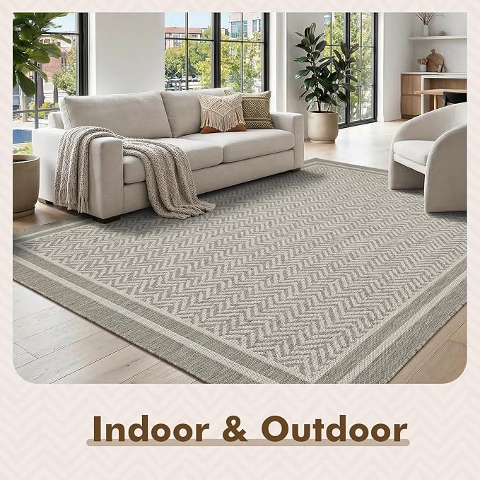 MontVoo-Outdoor Rug-Patio Rug 5x7 Polypropylene Indoor Outdoor Rugs Outdoor Carpet for Patio Deck Balcony Porch, Textured Weave, Durable for High Traffic, Fade-Resistant, Boho Farmhouse Silver Grey