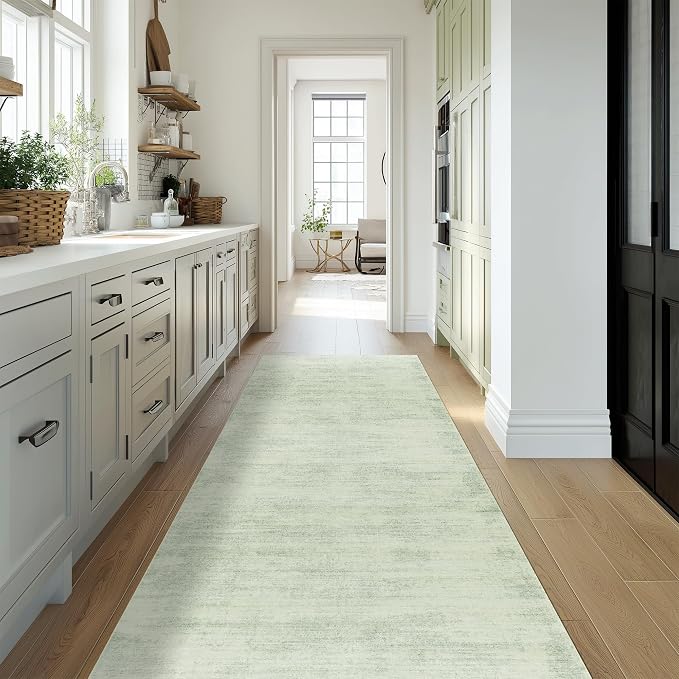 BILEEHOME Washable Runner Rug 2x6 Soft Modern Abstract Green Kitchen Rugs | Light Sage Ombre, Neutral Boho, Low Pile Floor Covering Carpet, with Foldable Non Slip, for Bedside Bathroom Laundry Room