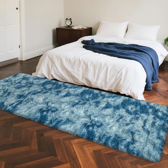 2x8 ft Plush High Pile Blue Tie-Dyed Rug Fluffy Soft Runner Bedside Rug for Bedroom Living Room Hallway Nursery Kids Home Decor Shag Carpet
