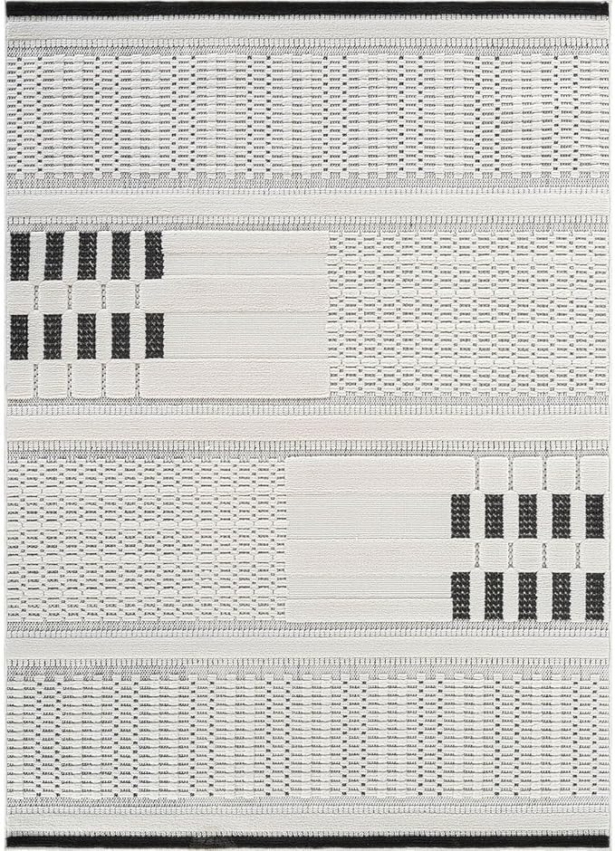 CAMILSON Modern Rug 4x6 Luxury Geometric Pattern Micro Loop Area Rugs Soft High and Low Pile Stain Resistant Easy to Clean Non-Shedding Durable Living Room Kitchen Indoor Carpet (White/Black)