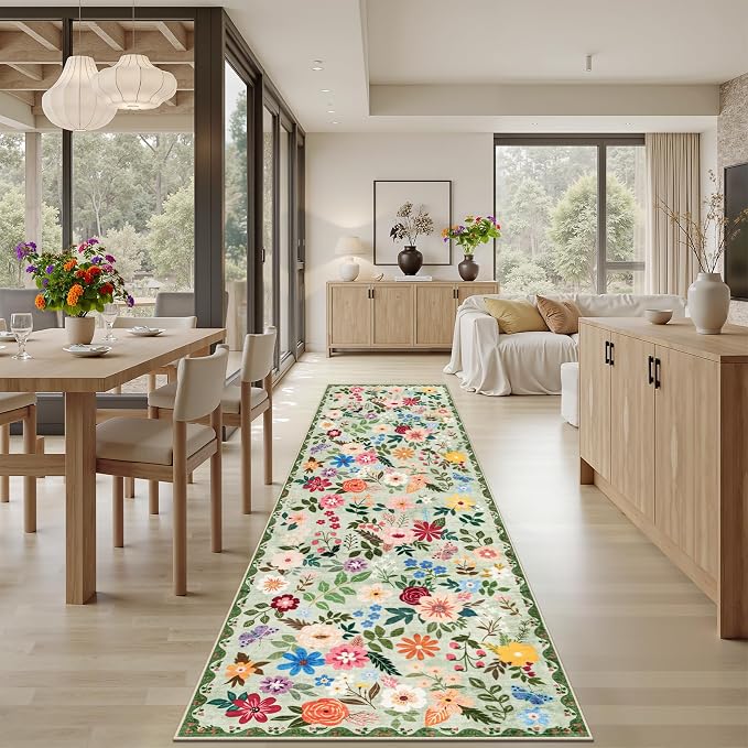 Runner Rug for Entryway: 2.6x10 Kitchen Rugs Non Slip Washable Ultra-Thin Soft Floral Carpet Indoor Floor Stain Resistant Carpets for Hallway Bedroom Kitchen Laundry Bathroom Dorm Green