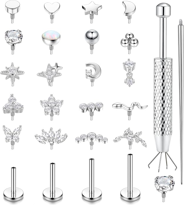 Flat Back Stud Earrings for Women Hypoallergenic Surgical Steel Internal Thread CZ Stud Piercing Jewelry for Tragus Helix Conch Cartilage 14K Gold/Silver Plated Nose Lip Labret Medusa Piercing 16G 18G