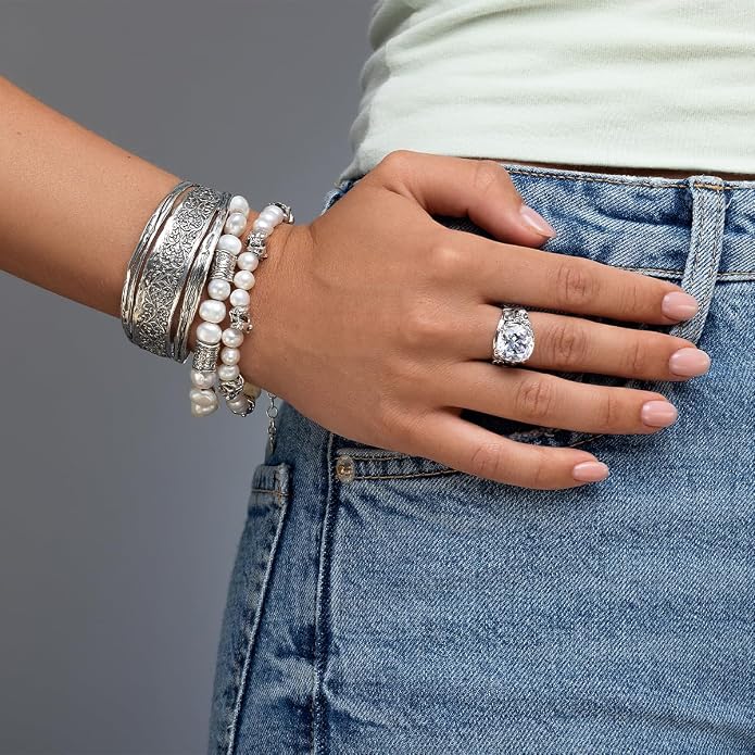 JEAN RACHEL JEWELRY 925 Sterling Silver Bracelet On A 7.5" Chain With Freshwater Cultured Pearls Vintage Look Hypoallergenic Nickel and Lead-free Artisan Handcrafted Designer Collection