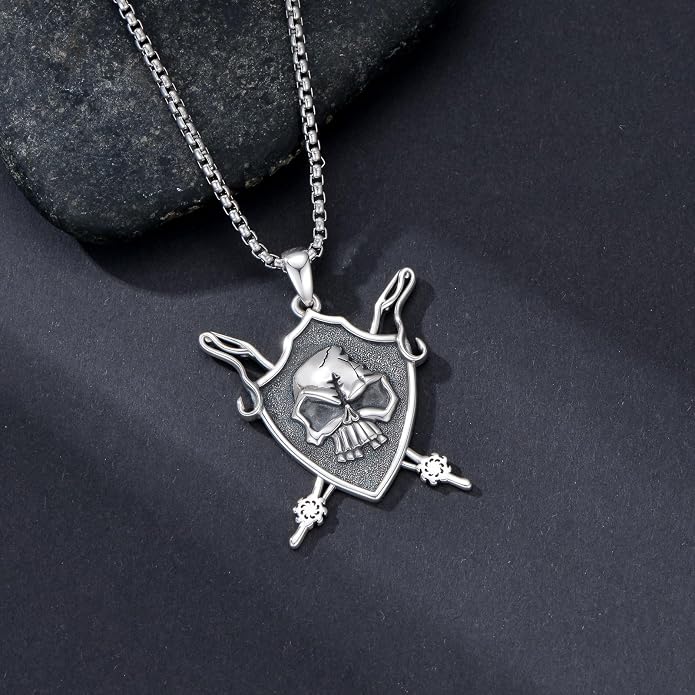 SIMONLY Eagle/Wolf/Skull Necklace for Men 925 Sterling Silver Shield Fish Hook Pendant Amulet Necklace Viking Shield Jewelry Christmas Gifts for Him