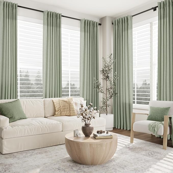 Sage Green Pinch Pleated 102 Inch Curtains 2 Panels for Living Room Green Linen Curtains 102 Inches Long Pinch Pleat Drapes for Track System Light Filter Semi Sheer Curtain for Dining Bedroom Office