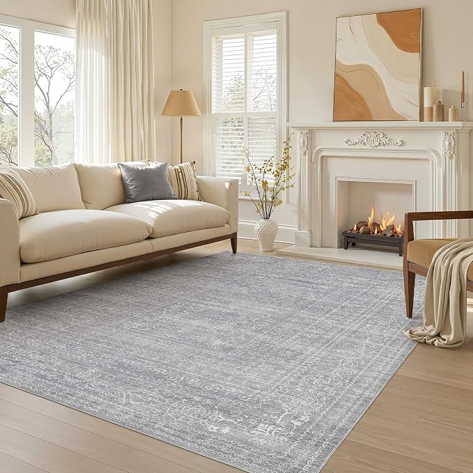 Nakagishi 6x9 Area Rugs Living Room: Washable Large Vintage Rug Neutral Non-Slip Soft Stain Resistant Indoor Carpet for Bedroom Nursery Dining Room Office Playroom - Grey