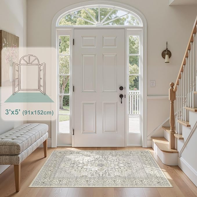 Tortania Area Rug Living Room Rugs - 3x5 Washable Rug Vintage Oriental Distressed Farmhouse Small Thin Indoor Carpet for Living Room Bedroom Under Dining Table Home Office - Beige Linen
