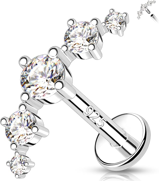 Melighting 16G Curved Helix Earring, Sterling Silver 925 Tragus Conch Stud Internally Threaded, Clear Marquise Round CZ Flat Back Lobe Labret Cartilage Piercing Jewelry for Women 6/8 mm