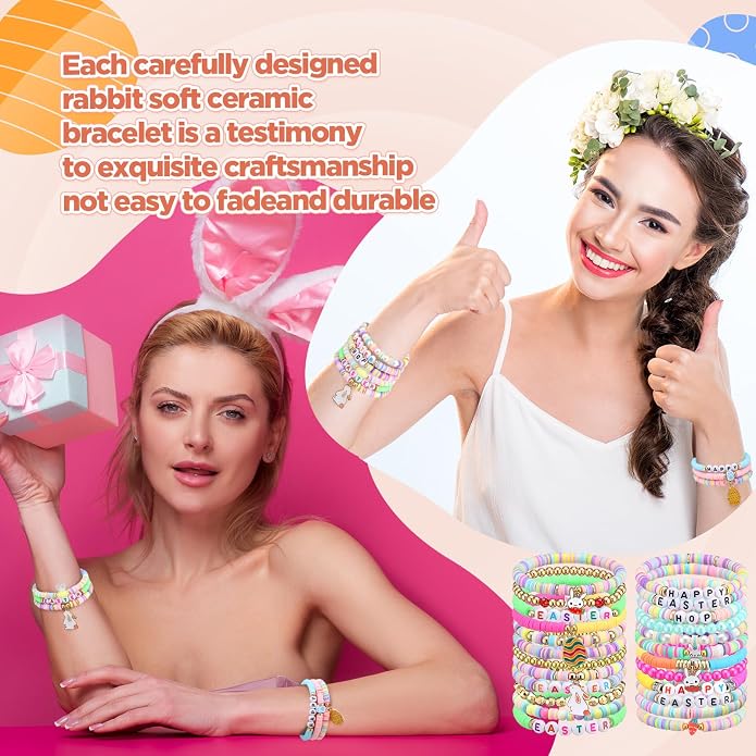 Equsion 100 Pcs Preppy Friendship Bracelets for Women Heishi Surfer Clay Stackable Bead Easter Boho Y2k Bracelets Gifts