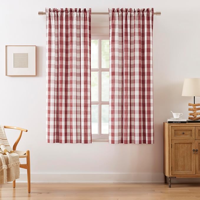Red White Buffalo Plaid Semi Sheer Curtains 72 Inches Long | Burgundy Rustic Checkered Drapes for Bedroom Living Room,Gingham Light Filtering Window Treatment,Rod Pocket Top,40"Wx72"Lx2