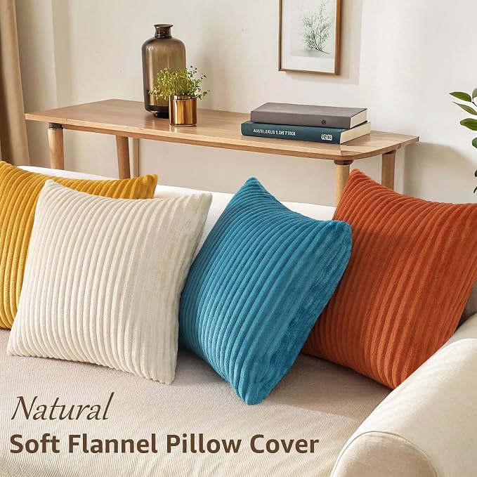 decorUhome Flannel Beige Rust Throw Pillow Covers 20X20 Set of 4 | Decorative Fall Soft Fluffy Striped Double-Sided Couch Pillow Covers, Modern Farmhouse Pillow Cases for Sofa bed Home Decor