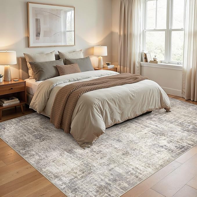 cotiled Washable 5x7 Area Rug for Living Room - Modern Abstract Carpet with Non-Slip Backing, Low Pile & Soft, Stain Resistant, Kid & Pet Friendly Decor for Bedroom & Dining Room - Brown Grey