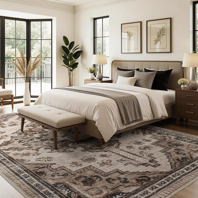 Joydeco 5x7 Area Rugs for Living Room, Machine Washable Vintage Area Rugs, Low Pile Non Slip Carpet, Lightweight Chenille Print Rug for Bedroom, Dining Room, Home Office, Light Coffee