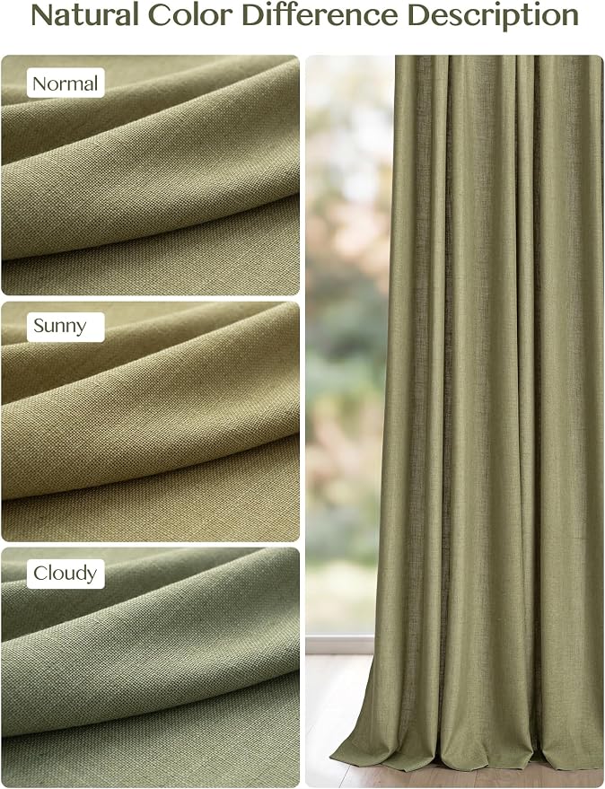Liz Pinch Pleated Linen Curtains Light Filtering Curtains for Living Room, Farmhouse Window Curtains for Bedroom, Modern Drapes with Hooks and Rings, 90 Inches Long, Olive Green, 2 Panels Set