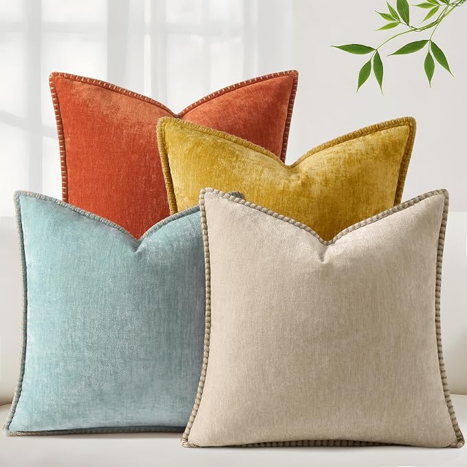 decorUhome Fall Soft Decorative Chenille Throw Pillow Covers 16x16 Set of 4 | Rust Orange Decorative Modern Farmhouse Neutral Pillow Cases with Stitched Edge for Couch Sofa Bed Living Room Home Decor