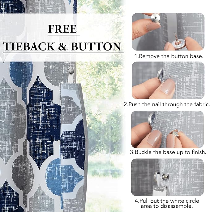 Beauoop Moroccan 100% Blackout Sliding Door Curtains Blue Grey 100x96 1 Set | Geometric Room Darkening Patio Curtains Extra Wide Room Divider Drapes Thermal Soundproof Lattice Window treatment Grommet