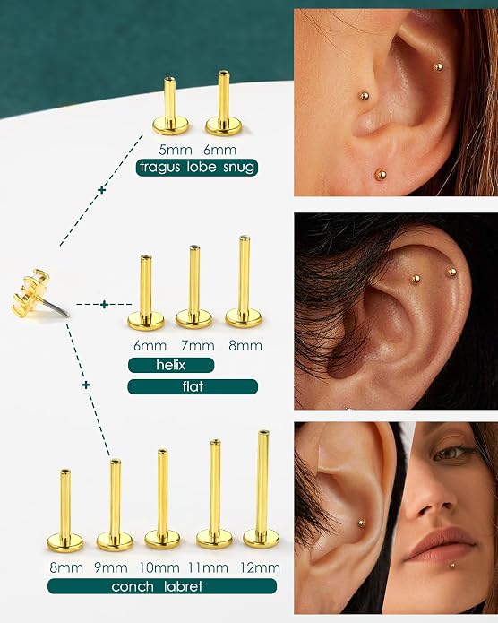 COCHARM 14K Solid Gold Helix Cartilage Tragus Earring Stud 16g Yellow Gold Threadless Tragus Cartilage Helix Conch Piercing Jewelry Flat Back Lip Labret Medusa Monroe Piercing Stud