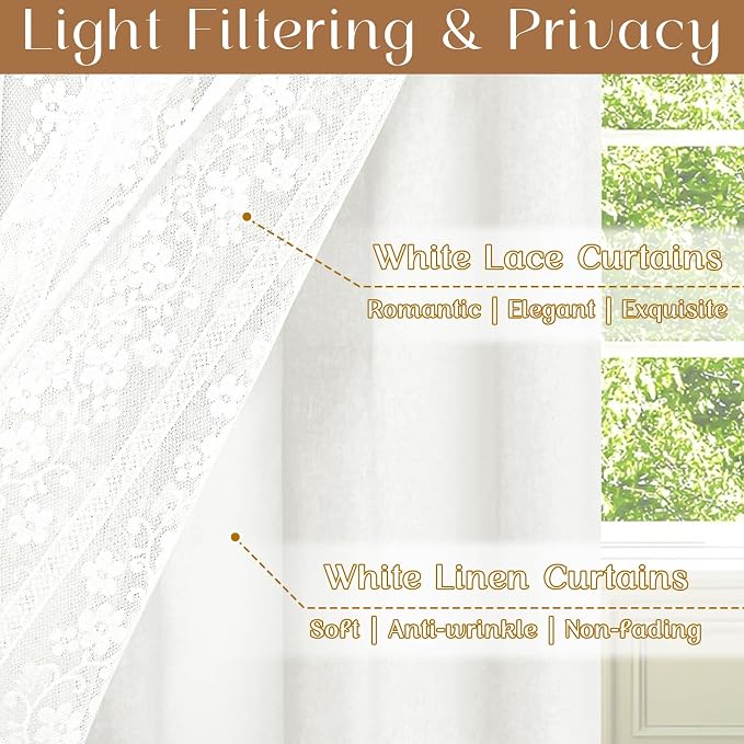 ASPMIZ Linen Kitchen Curtains Double Layer Kitchen Window Curtains Over Sink 24 Inch Length White Tier Curtain Light Filtering, Rod Pocket Cafe Curtain Short Window Treatments with 2 Tiebacks, 26x24
