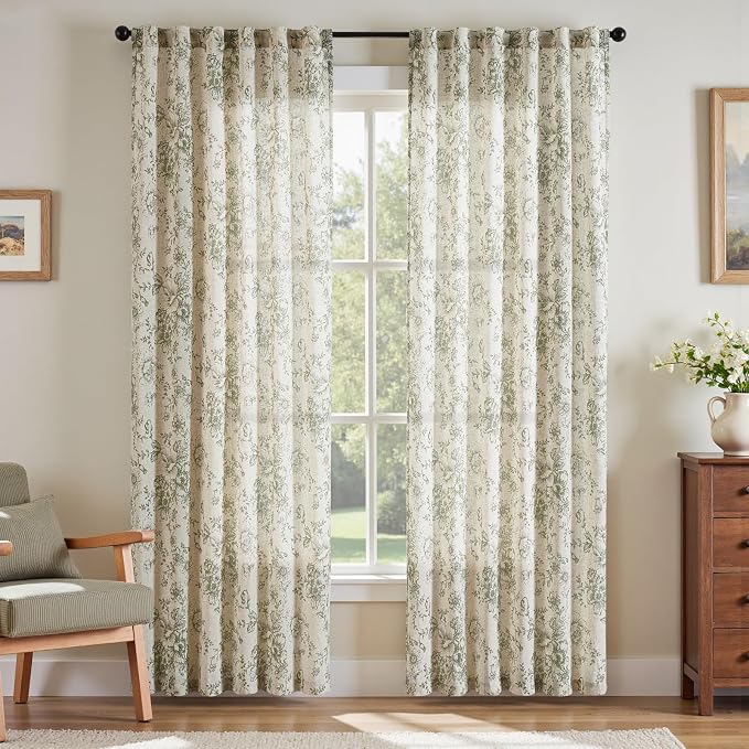 jinchan Green Floral Linen Curtains 84 Inch Farmhouse Back Tab 2 Panels | Light filtering drapes, semi sheer, farmhouse, cottagecore, rustic, living room, bedroom, rod pocket, window treatment