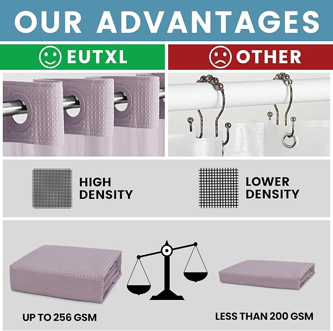 EUTXL Heavyweight Lavender No Hook Shower Curtain with Snap in Liner,256GSM Waffle Weave Shower Curtains for Bathroom,71W x 74H