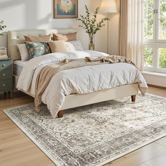 5x7 Neutral Camel Farmhouse Bedroom Rug - Vintage Traditional Oriental Brown Area Rugs for Living Room, Nursery Room, Washable Boho Distressed Floral Non-Slip Rug Low Pile Stain Resistant
