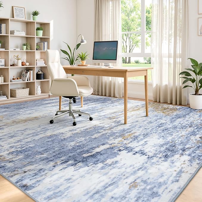 Lofus 9x12 Area Rug for Living Room, Abstract Large Rugs with Non-Slip Backing, Neutral Modern Washable Carpet for Bedroom Dining Room Home Office Nursery Indoor,Light Blue/Brown