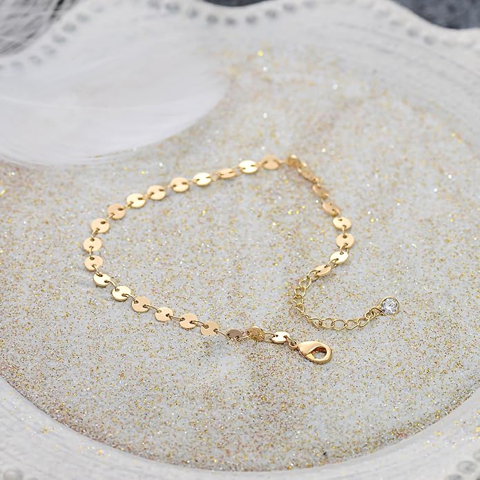 Dainty Gold Disc Chain Anklet for Women, 14K Gold Plated Sequin Foot Bracelet, 8.3"+2" Adjustable Delicate Flat Disc Link Ankle Bracelet, Minimalist Summer Beach Jewelry Gift for Her