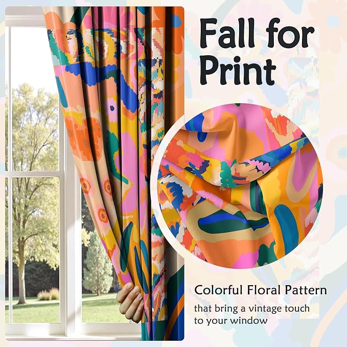Abstract Colorful Blackout Curtains, Bright Patterned Boho Floral Jungle Decor for Home Bedroom, Living Room Grommet Window Drapes 2 Panel Set, 52"x84"