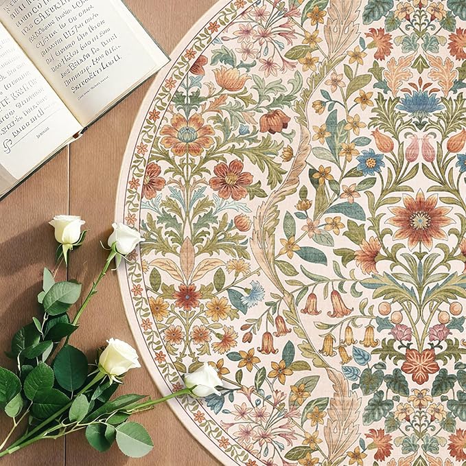 Round Rug 4ft Colorful Beige Washable Floral Circle Rug,Vintage Boho Botanical Round Area Rugs, Non-Slip Soft Low-Pile Circular Carpet for Bedroom,Kids Room,College Dorm,Home Decor