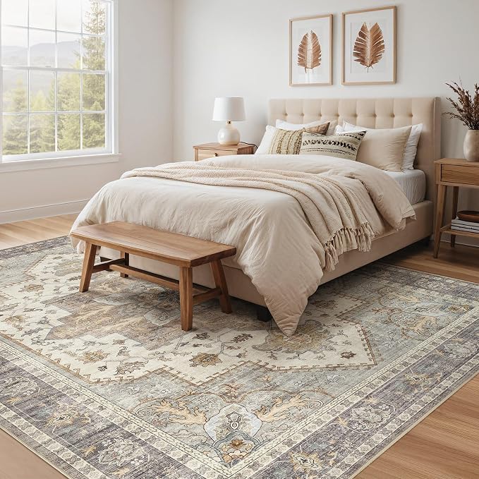 Tortania Area Rug Living Room Rugs - 9x12 Washable Boho Rug Vintage Oriental Distressed Farmhouse Large Thin Indoor Carpet for Living Room Bedroom Under Dining Table Home Office - Greige