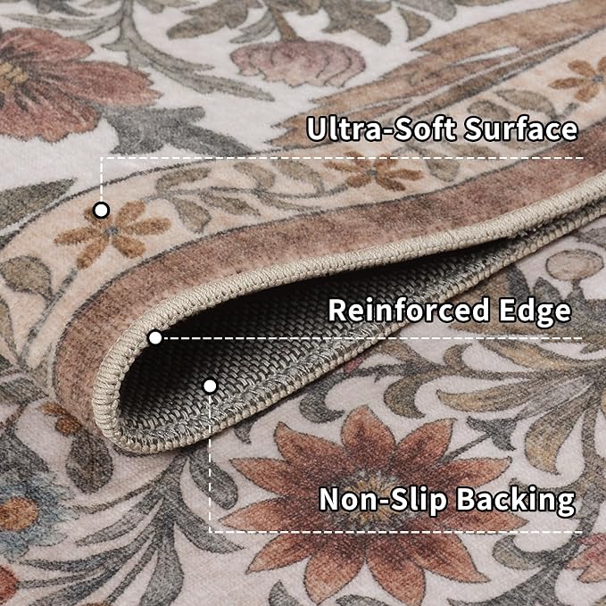 Floral Washable 6x9 Area Rug，Vintage Khaki Beige Boho Rugs for Living Room, Soft Low-Pile Non-Slip Stain Resistant & Non-Shedding Carpet for Bedroom, Dining Room, Office, Entryway, Nursery