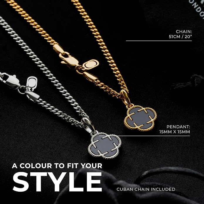 CRAFTD - Black Onyx Clover Stone Pendant Necklace - A Symbol of Luck - 20.5" (2mm) Cuban Link Chain - Mens Jewlery - Hypoallergenic - Waterproof, Heat & Sweat Resistant