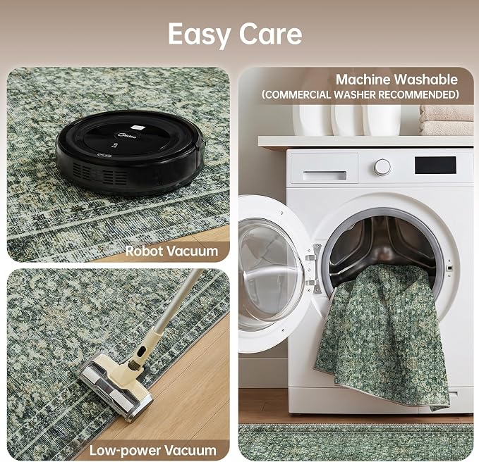 Sasttie 9x12 Area Rug, Ultra-Soft Washable Rug, Low Pile Foldable Thin Carpets with Non-Slip Backing, Skin-Friendly Stain Resistant Carpet for Living Room, Bedroom, Kitchen, Dorm, 9x12, Dark Green