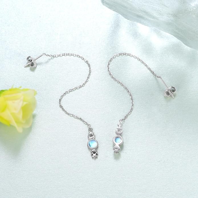 Triple Moon Goddess Earrings 925 Sterling Silver Threader Earrings Drop Dangle Moonstone Earrings with Long Chain Birthday Jewelry Gifts for Women