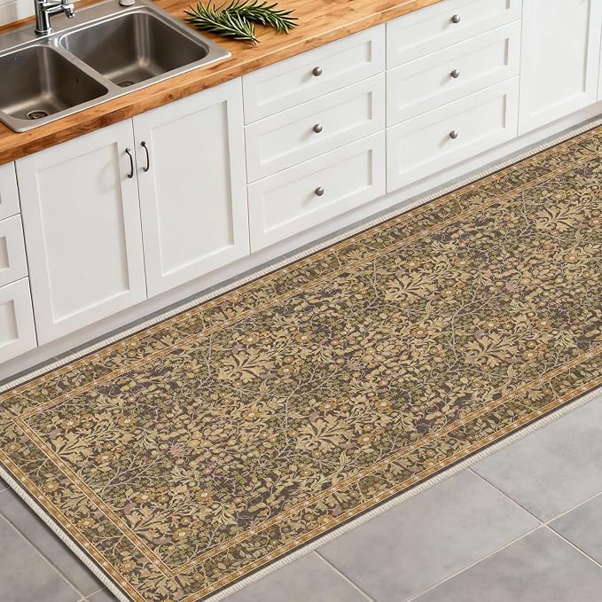 Washable 2'6" x 10' Runners for Hallways, Non Slip Long Floor Runner for Kitchen, Entryway Indoor, Stain Resistant Rubber Backing Floral Decor Rug (Goldenrod)