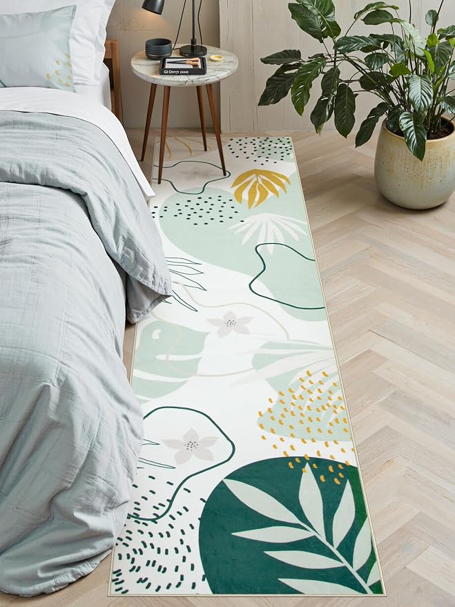 Lahome Green Hallway Runner - 2x7 Washable Non-Slip Runner Rug Throw Lightweight Soft Bathroom Runner Rug, Boho Botanical Print Indoor Carpet Runner for Bedroom Kitchen Entrance Laundry Living Room