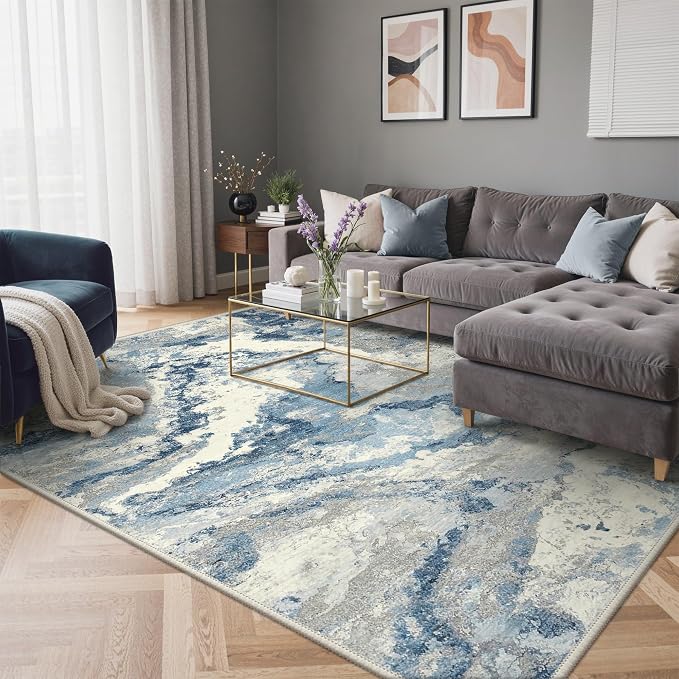 GENIMO Abstract Area Rug 8x10, Washable Large Modern Rug Non Slip, Low Pile Lightweight Soft Carpet for Living Room, Bedroom, Dining Room, Blue Grey
