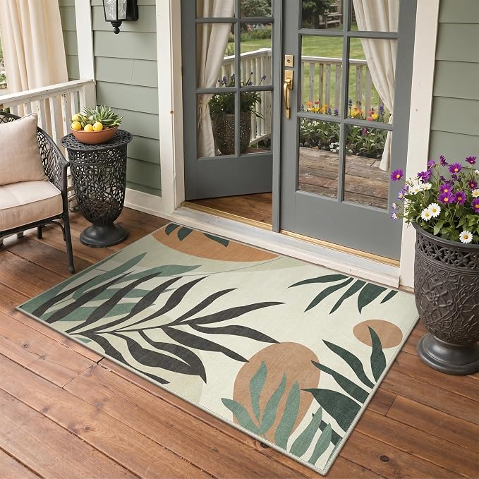 GENIMO 3x5 Outdoor Rug, Washable for Porch and Balcony, Beige Olive | Botanical leaf design for entryway; fade resistant chenille with quick-dry non-slip backing for indoor mudroom.