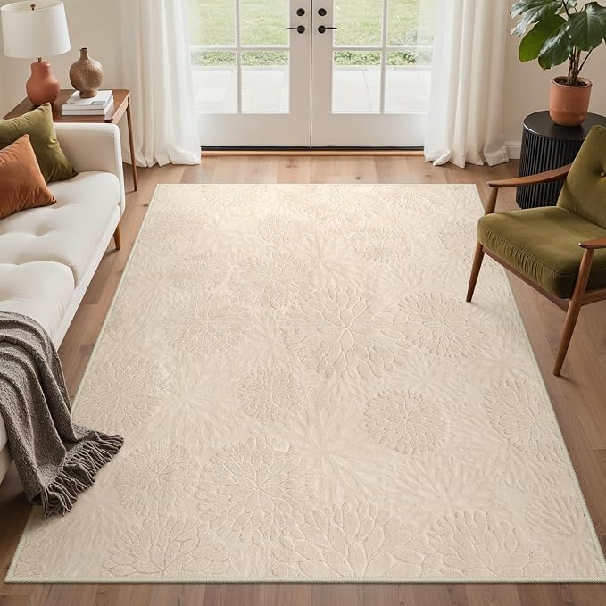 GENIMO Soft Washable Area Rugs 5x7, 3D Modern Floral Rugs for Living Room, High-Low Pile Textured Non Slip Fuzzy Shag Carpet, Non-Shedding Stain Resistant Thin Beige Rugs for Bedroom, Dining Room