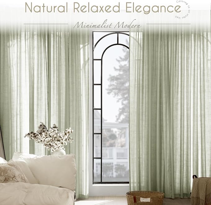 Linen Blend Sage Green Curtains 120 inch Length 2 Panels for Bedroom Back Tab Light Filtering Semi Sheer Drapes Linen Cotton Textured Light Green Airy Modern Farmhouse Living Room Sage Aesthetic Decor