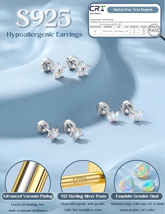 ORAZIO 925 Sterling Silver Flat Back Stud Earrings for Women Hypoallergenic 14K Gold Plated Cartilage Earrings for Sensitive Ears Small CZ Opal Conch Helix Tragus Piercing Jewelry 3 Pairs 20G