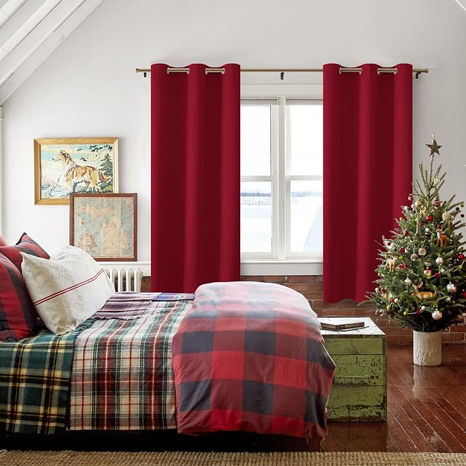 Hiasan Blackout Curtains for Bedroom and Living Room, Light Blocking, Noise Reducing Window Curtain Panels, Tiebacks Included, Set of 2, Grommet Top (Red, Width 42 Inch x Length 72 Inch)