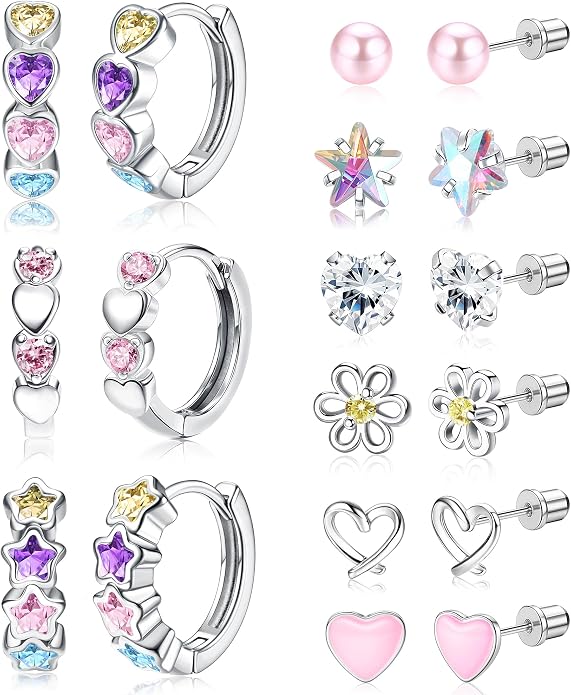 THUNARAZ Hypoallergenic Earrings for Girls Women Surgical Stainless Steel Earrings Set for Sensitive Ears Screw Back Stud Earrings Kids Toddler Cute Heart Hoop Earrings Jewelry Gift for Teen Girls