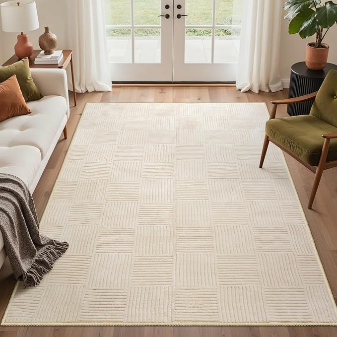 GENIMO Soft Washable Area Rugs 5x7, 3D Modern Grid Design Rugs for Living Room, High-Low Pile Textured Non Slip Fuzzy Shag Carpet, Non-Shedding Stain Resistant Beige Carpet for Bedroom, Dining Room