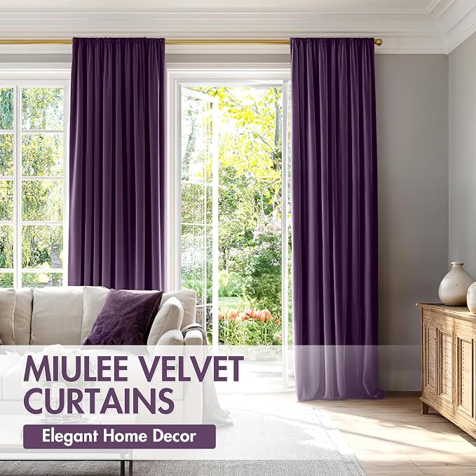 MIULEE Purple Blackout Velvet Curtains Drapes 96 Inch Long 52"x96" Bedroom | Luxurious Bedroom Living Room Decor, Room Darkening, Thermal Insulated, Rod Pocket Design, Super Soft Fabric