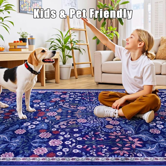 Runner Rug for Entryway: 2.6x10 Kitchen Rugs Non Slip Washable Ultra-Thin Soft Floral Carpet Indoor Floor Stain Resistant Carpets for Hallway Bedroom Kitchen Laundry Bathroom Dorm Blue