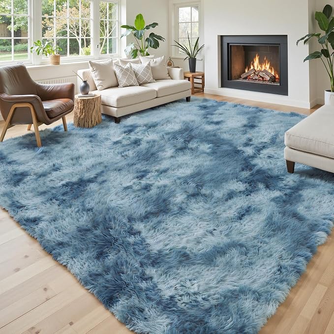 Area Rugs 9x12 Living Room,Large Area Rug Shaggy Carpet Soft Plush Furry Bedside Rug, Machine Washable Area Rugs for Bedroom Home Decor Non-Slip(9 x 12, Dark Blue Tie-Dyed)