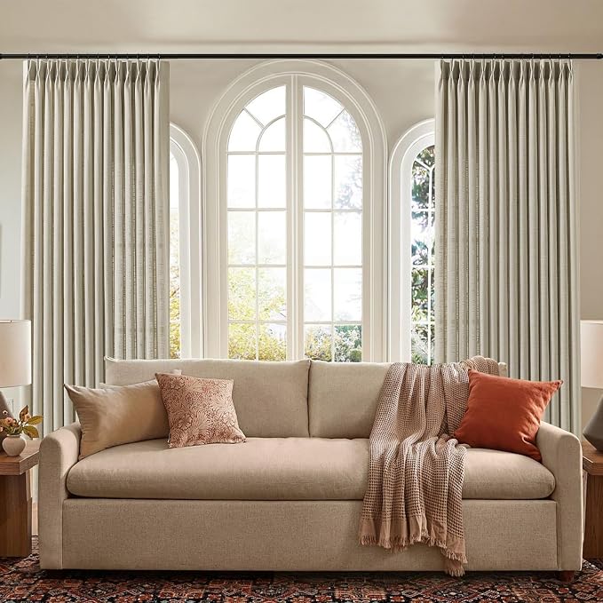 IVAPUPU Extra Long Pinch Pleated Curtains 102 Inch Long for Living Room, Semi Sheer Pleated Curtain with Rings Light Filtering Memory Trained Back Tab Drapes for Bedroom, Burlywood Birch, 2 Panels